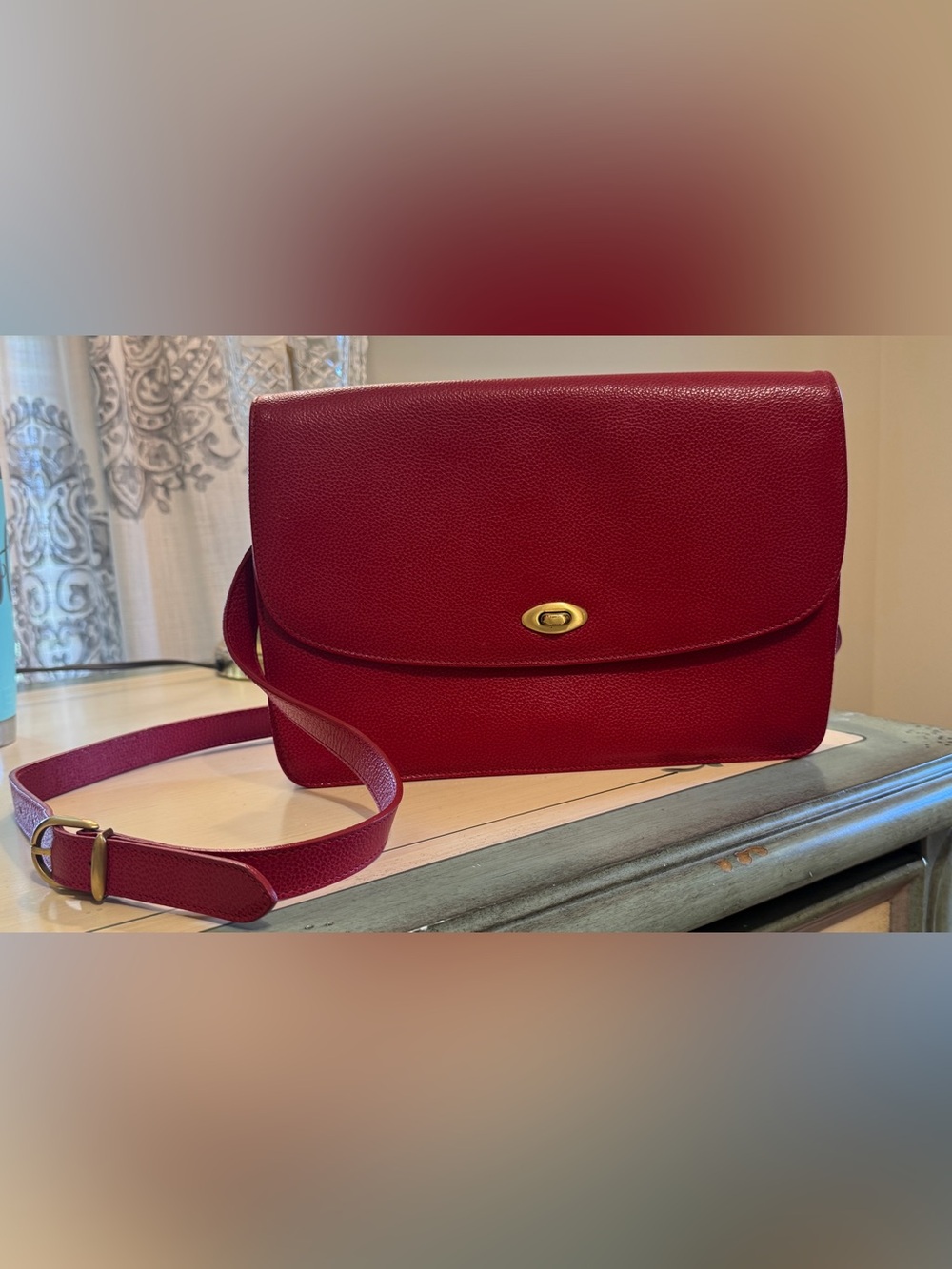Vintage Coach Made in Italy Red Pebbled Leather Turn Lock Shoulder Bag